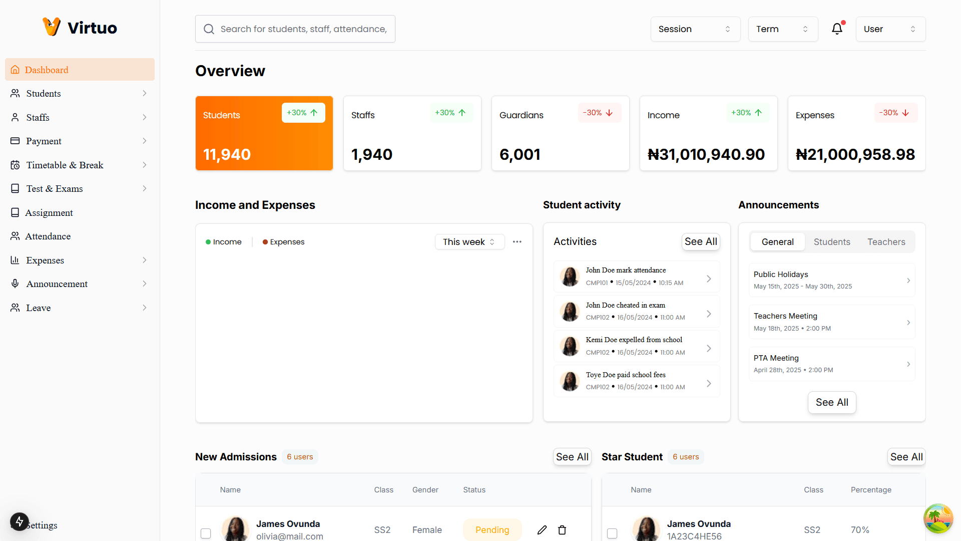 Virtuo School Management interface